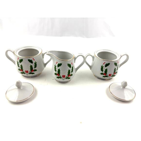 VTG Christmas Holly Fine Porcelain Creamer Sugar Bowl Set 1980s Japan 3pc - Picture 3 of 12